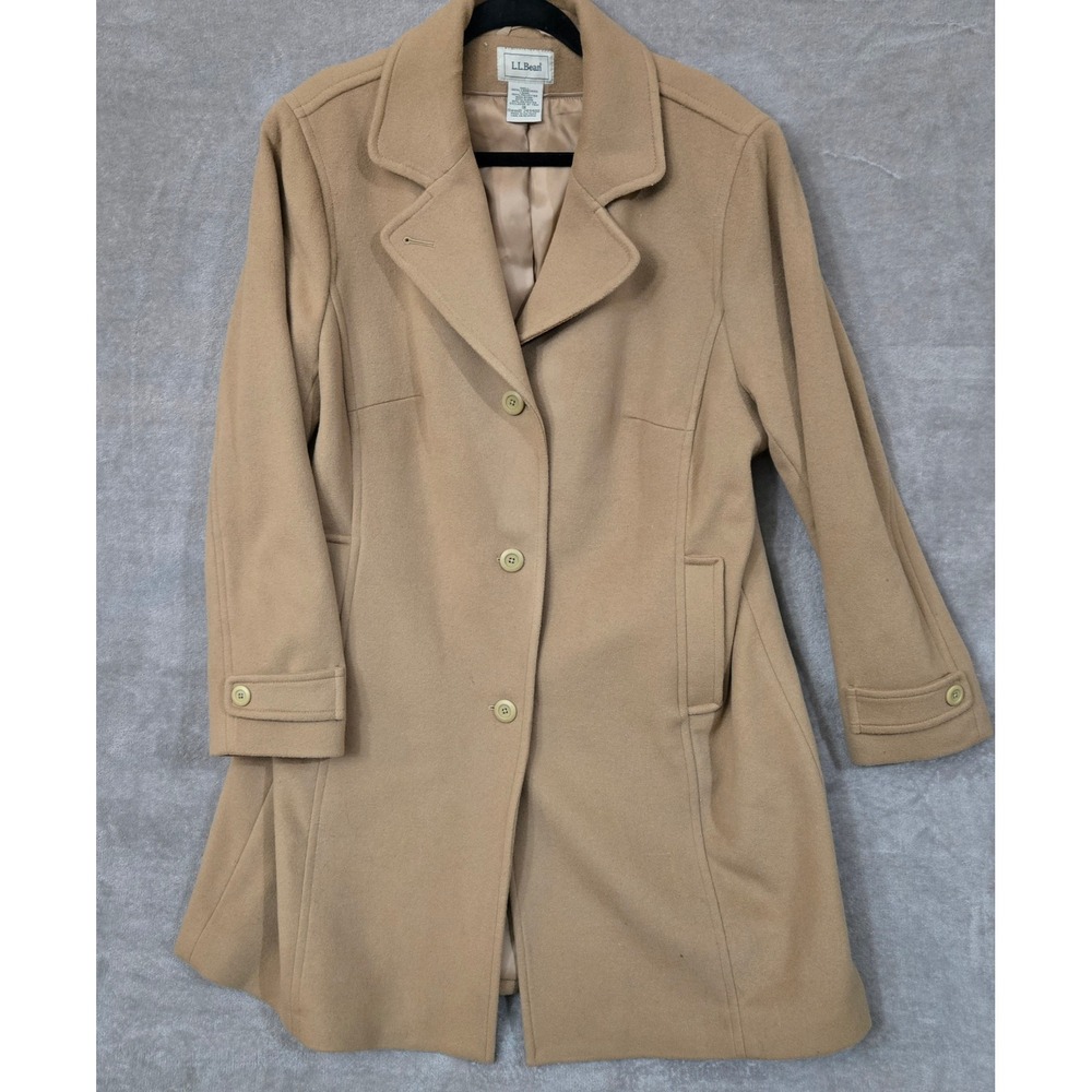 L.L.Bean Lambswool Coat Women 1X Camel Tan  Insulated Classic Trench‎ Old Money